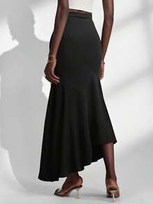 SHEIN Unity Almamuse-D 优雅法式鱼尾裙，开叉镂空设计，修身时尚女裙，春秋 - 黑色 - 查看 2