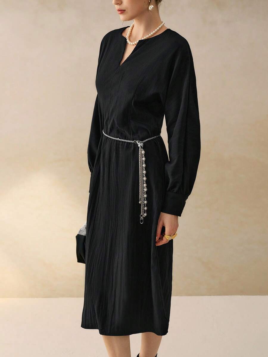 INAWLY Women's Solid Color V-Neck Batwing Sleeve Elegant Mid-Length Dress - Black - View 1