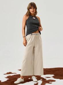 SHEIN LUNE 女士休闲亚麻混纺九分裤，卡其色，适合返校、教师制服、秋季 - 卡其色 - 查看 5