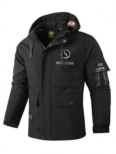 Manfinity Homme Jaket Windbreaker Kasual Bermotif Warna Beige Panjang Sedang, Jaket Luar Ruangan Berbantalan, Pakaian Luar Modis untuk Musim Gugur/Dingin