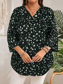 EMERY ROSE Plus Size Women's Early Spring 3/4 Sleeve Burgundy Floral Print Blouse - Dark Green - View 6