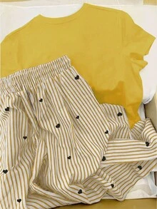 INAWLY 女士心形印花圆领短袖T恤和抽绳腰部条纹裤休闲套装 - 黃色 - 查看 2