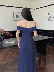 Modelyn Váy cưới/tiệc tùng trễ vai nhún eo thanh lịch cho nữ - Xanh đậm - Xem 3