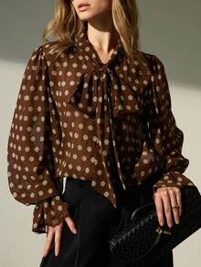 Aveloria Modichic Elegante Schleifendekor Loose Fit Langarm Bluse - Kaffeebraun - Übersicht 5