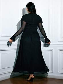 Viva Relle Plus Size Fashion Ruffle Trim Long Sleeve Tie Waist Dress - Black - View 2