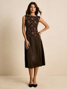 Poéselle 女士时尚复古无袖上衣和裙子两件套 - 棕色 - 查看 6