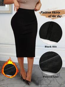 Xyvia Women's Elegant Back Slit Design Fleece Sweater & Bodycon Skirt Set, Suitable For Commute, Daily Wear, And Dates, Autumn/Winter - Black - View 1