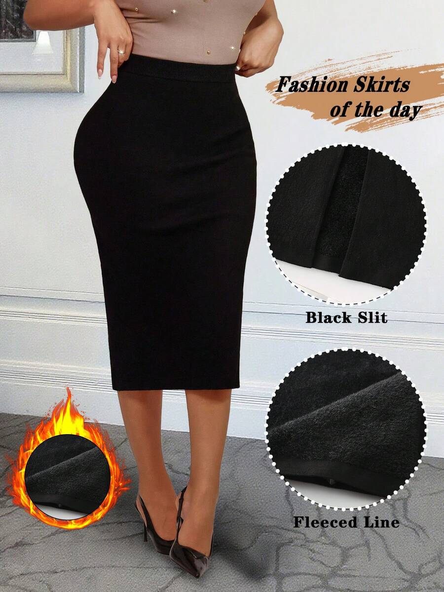 Xyvia Women's Elegant Back Slit Design Fleece Sweater & Bodycon Skirt Set, Suitable For Commute, Daily Wear, And Dates, Autumn/Winter - Black - View 1