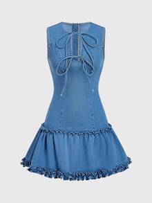 SHEIN MOD 女式休闲系带无袖牛仔连衣裙，夏季 - 藍色 - 查看 1