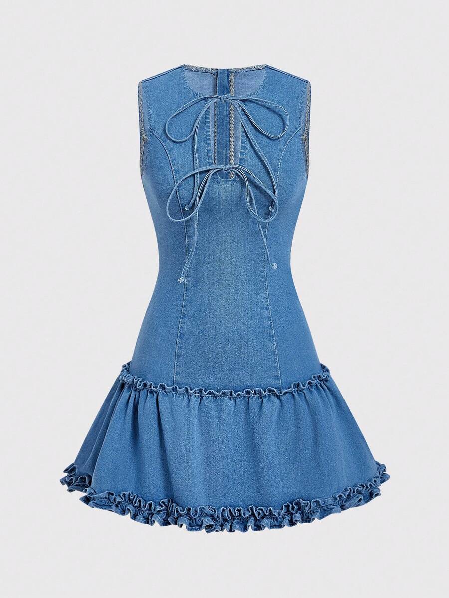 SHEIN MOD 女式休闲系带无袖牛仔连衣裙，夏季 - 藍色 - 查看 1