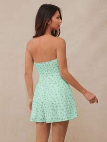 WESTFADE Spring Floral Printed Pointelle Knit & Boho Ruffle Lace Sweetheart Neck Cute Bow Tie Front Smocked Back Strapless A-Line Mini Dress Summer Western Cowgirl Music Concert Outfit - Green - View 5