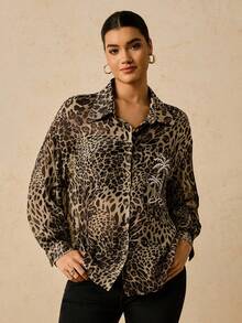 SHEIN VCAY 大码休闲波西米亚豹纹雪纺衬衫裙，带口袋，女式长袖 - 彩色 - 查看 1