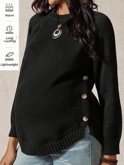 Boho Mama 孕妇纯色纽扣装饰圆领长袖针织毛衣