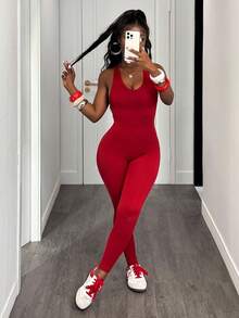 Slaydiva Women's Solid Color Minimalist Sleeveless Sexy Sport Jumpsuit, Casual Everyday Wear - Burgundy - View 4