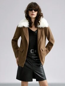 Airlisse Women's Wool Blend Textured Coat With Fur Collar - Brown - View 4