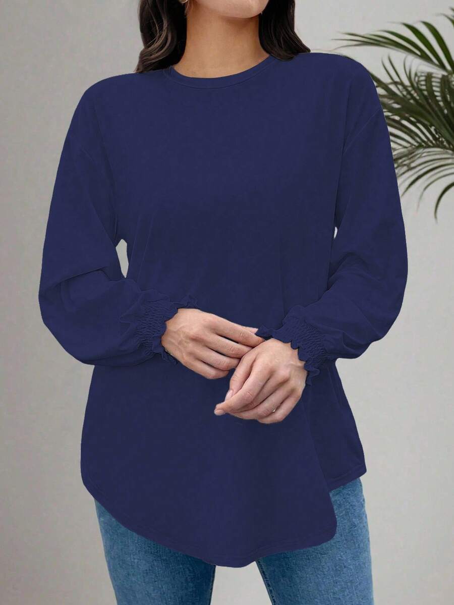 EMERY ROSE Áo sơ mi dệt kim cổ tròn tay dài thường ngày cỡ lớn dành cho nữ - Màu xanh hải quân - Xem 1