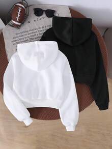 SHEIN 2件套青少年女孩宽松休闲黑色连帽拉链运动衫 - 黑與白 - 查看 2