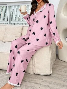 Moonlight&Mama Moonlight & Mama 蕾丝拼布翻领黑色心形印花宽松长袖上衣和裤子孕妇睡衣套装，秋季服装 - 彩色 - 查看 3