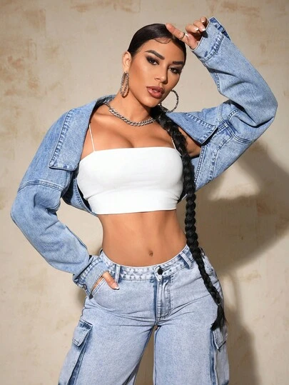 Slaydiva Plus Size Women Casual Street Style Short Denim Jacket