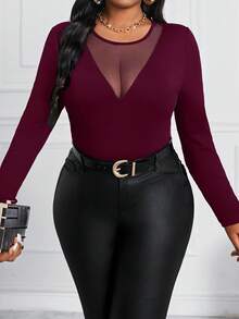 SHEIN Lady 2025 New Spring And Summer Autumn And Winter Elegant Burgundy  Knitted Round Neck Long Sleeve Contrast Mesh Plus Size T-Shirts Halloween Plus Halloween Clothes Women Sheer Classy For Women Elegant Bodysuits For Women Long Sleeve Elegant 2 Piece Set 2 Piece Sets Curvy Curve 2 Piece Outfits 2 Piece Sets Woman Classyparty Top  Halloween Costumes Christmas Clothes
