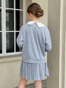 Bộ áo nỉ cổ polo và chân váy 2 trong 1 cho bé gái tuổi teen - Xám - Xem 2