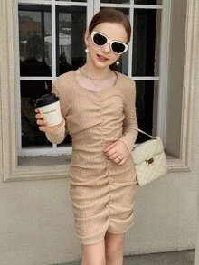 SHEIN Tween Girl Fitted Long Sleeve Dress Fall Winter - Khaki - View 6