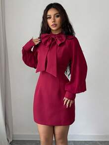 Rafferiza New Bowknot Collar Lantern Sleeve Fitted Mini Skirt, Christmas - Burgundy - View 4