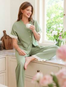Snug Reverie Women's Contrast Color Ruffled V-Neck Short Sleeve Top & Pants Pajama Set Lounge Set - Green - View 3