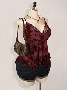 SHEIN ICON 加大码嬉皮女式蕾丝撞色印花不对称下摆吊带背心，适合节日、暑假、毕业季、返校季 - 彩色 - 查看 6