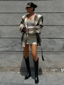 DAZY 女士优雅图案腰带常规款外套，秋冬格子女式大衣 - 灰色 - 查看 3