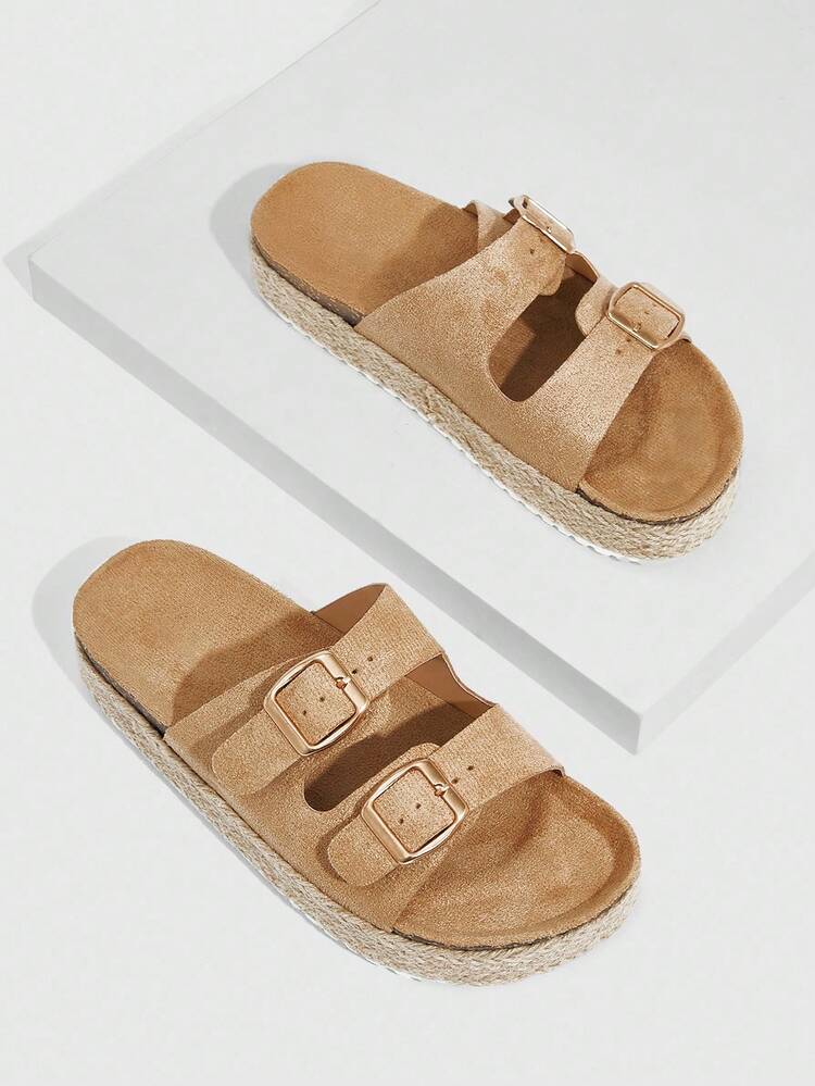 女性用 シューズ ダブルバックル装飾 ウェッジスライド バケーション ブラウン フェイクスエードサンダル 夏用 バケーションシューズ サマーセール、ビルケンシュトック 新学期用シューズ 大学生用シューズ クリスマス 秋 新年 ホリデーシューズ 女性用スニーカー
