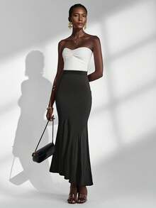 SHEIN Unity Almamuse-D 优雅法式鱼尾裙，开叉镂空设计，修身时尚女裙，春秋 - 黑色 - 查看 4