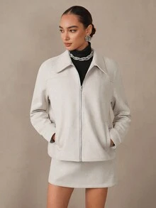 Modelyn Áo khoác ngoài ngắn thời trang cổ điển có khóa kéo bằng da lộn dành cho nữ, màu xám nhạt, mùa thu - Màu Xám nhạt - Xem 7