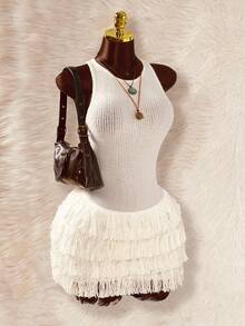 Y2K Amplova White 1pc Women's Solid Color Bodycon Tassel Hem Sleeveless Mini Dress White Fringe Dress Layered Fringe Dress - White - View 4