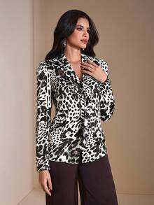 JIAN LASALA 豹纹披肩领系带长袖缎面女式衬衫，秋季优雅穿搭，猎豹纹印花，适合女士外出、派对、冬季婚礼宾客等场合，尽显奢华时尚。 - 彩色 - 查看 1