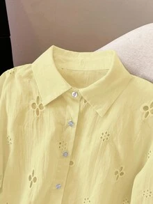 Airaco 女士纯色简约休闲镂空长袖衬衫 - 淡黃色 - 查看 4