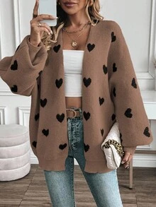 EMERY ROSE V-Neck Heart Print Knitted Cardigan For Women - Multicolor - View 5