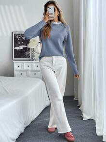 SHEIN PariChic 全新花卉装饰圆领宽松休闲女式毛衣 - 藍色 - 查看 3