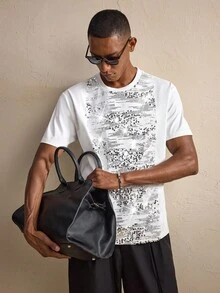 AKNOTIC Men's Round Neck Short Sleeve Sequin Patchwork Design T-Shirt - White - View 2