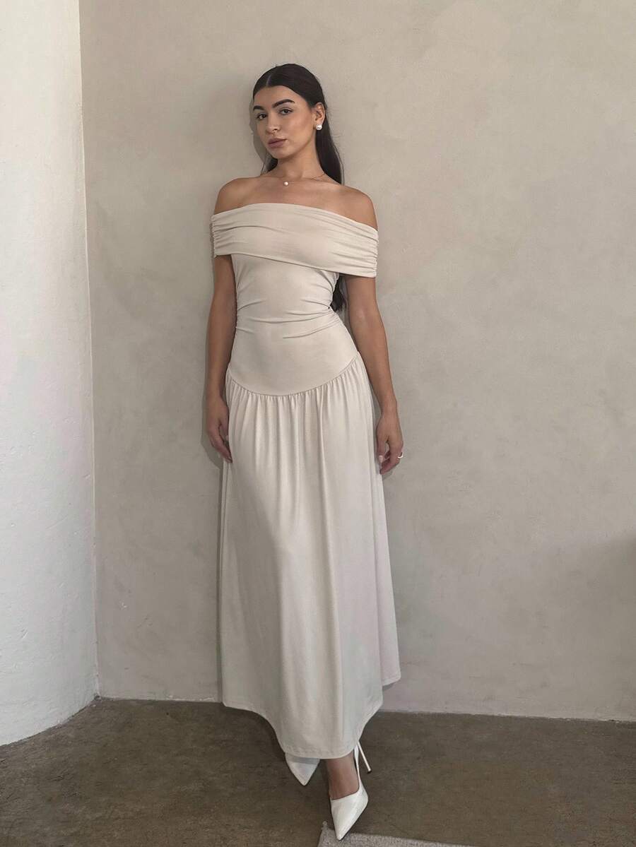 Andrea Bello 女式纯色露肩收腰连衣裙，简约时尚，夏季 - 杏色 - 查看 1