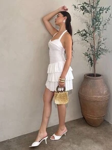 Andrea Bello Women's Vacation Mini Dress With Elastic Ruched Bust, Tie Neck, Bowknot, And Tiered Ruched, Can Wear Inner Or Outer,Valentine's Day Date Outfits,New Year Women Dress,Christmas Women Clothes,Party Women Outfit,Music Festival/Concert Clothing,Valentine Day,Summer Dresses For Women,White Graduation Dress