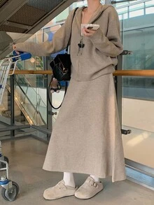 DAZY Women's Solid Color Drop Shoulder Long Sleeve Zip Front Hooded Cardigan And Knit Skirt Casual 2 Pieces Set, Autumn - Khaki - View 7