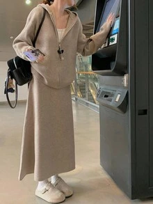 DAZY Women's Solid Color Drop Shoulder Long Sleeve Zip Front Hooded Cardigan And Knit Skirt Casual 2 Pieces Set, Autumn - Khaki - View 8