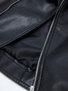 GENKIRA Oversized Motorcycle Jacket, Washed PU Leather, Loose Fit, Wide Lapel, European & American Style - Black - View 7