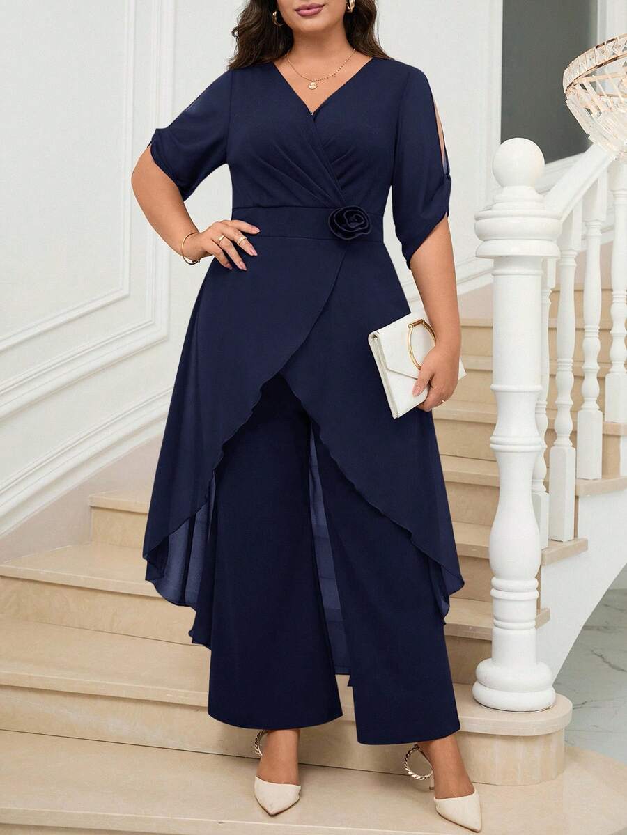 Reflora Monos elegantes sin mangas con cintura ceñida para mujer de talla grande - Azul Marino - Ver 1