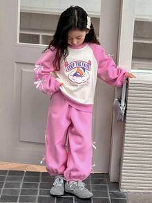 DAZY Young Girls Round Neck Knit Fleece Printed Raglan Sleeve Sweatshirt Set, Fall,Winter - Pink - View 8