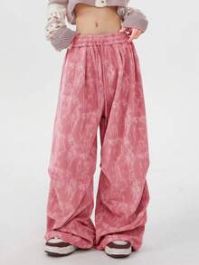 INAWLY Women's Loose Fit Corduroy Pants With Leg Ruffle Pattern - Pink - View 5