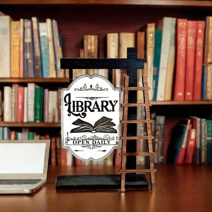 1pc Wooden Book Shaped Sign With Ladder, Mini Wooden Signage Decor For Library, Bookshelf, Gift For Readers, Bookworm Gift, Book Lover Present, Bookshelf Decor, No Electricity Or Feathers Required