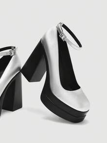 SheIn MOD 女士时尚玛丽珍百搭厚底高跟鞋 - 銀色 - 查看 5