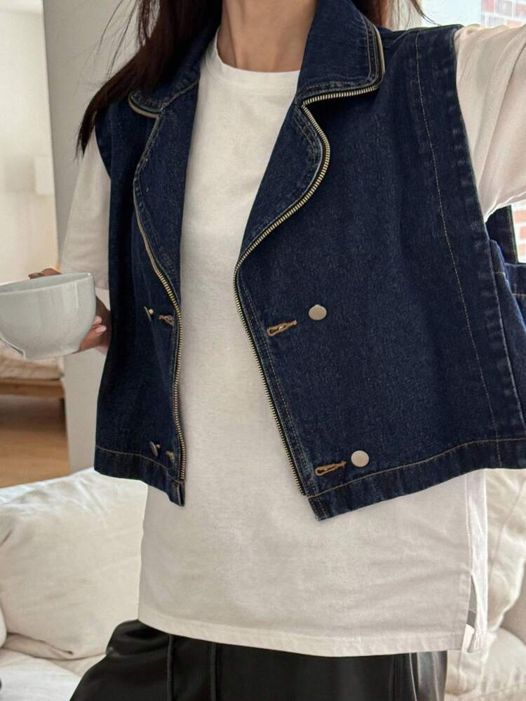 Women's Turndown Collar Sleeveless Short Denim Vest, Casual Street Style Denim Jacket
